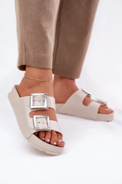 Kvepiančios moteriškos šlepetės su sagtimis ir blizgučiais, smėlio spalvos RR285056