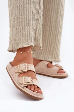 Moteriškos basutės su sagtimis ir dekoratyvinėmis siūlėmis, smėlio spalvos Visley