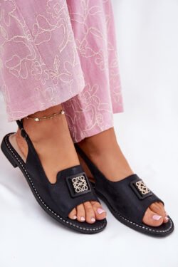 Elegantiškos moteriškos basutės ant plokščio kulno su S.Barski KV51-082 juodos spalvos dekoracija