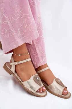 Moteriški S.Barski KV51-098 auksiniai plokščiapadžiai sandalai su dekoracija