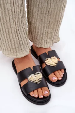 Moteriški juodi plokščiapadžiai sandalai su "Karinma" auksine apdaila