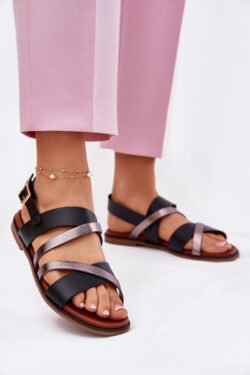 Moteriškos basutės su plokščiu kulnu ir dirželiais, juodos, Sergio Leone SK086H