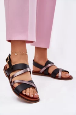 Moteriškos basutės su plokščiu kulnu ir dirželiais, juodos, Sergio Leone SK086H