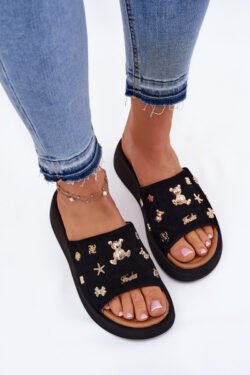 Moteriškos zomšinės šlepetės su segtukais juodos spalvos Vinceza 66741