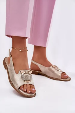 Eleganti sandalai su papuošimu ant plokščio kulno S.Barski KV51-003 Gold