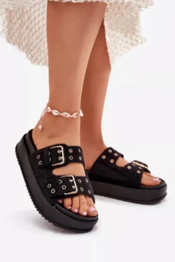 Moteriški sandalai su auksiniais sagtimis ant platformos, juodi, „Virvania“