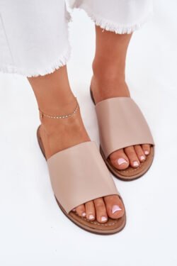 Moteriškos odinės lygios šlepetės, smėlio ir vyšnių spalvos