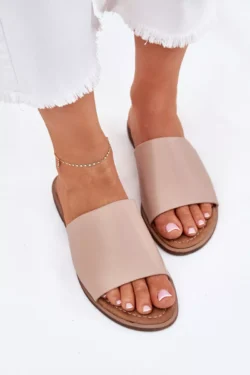 Moteriškos odinės lygios šlepetės, smėlio ir vyšnių spalvos