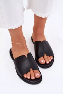 Moteriškos eko odos šlepetės su plokščiu kulnu juodos spalvos Kalimira