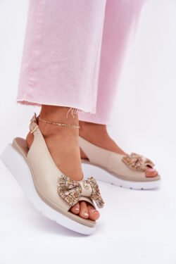 Moteriškos "Zazoo" 1882 natūralios odos "wedge" tipo basutės su kaspinėliu, smėlio spalvos