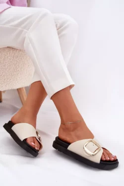 Moterims skirti platforminiai sandalai su auksine sagtimi, smėlio spalvos Jovira