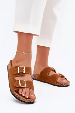 Moteriškos šlepetės su auksinėmis sagtimis ir dygsniavimu Camel Lunera