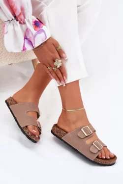 Moteriškos basutės su auksinėmis sagtimis ir dygsniavimu, chaki spalvos, "Lunera"