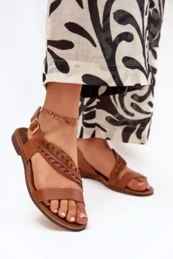 Moteriškos natūralios odos basutės ant plokščio kulno Zazoo 3564 Camel