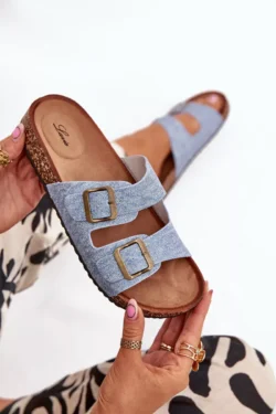 Moterims skirti šlepetukai ant kamštinės platformos su sagtimis, šviesiai mėlyni "Vesina"