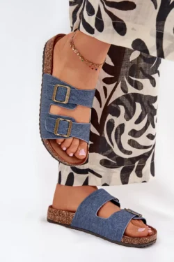 Moteriškos šlepetės ant kamštinio platformos su sagtimis Tamsiai džinsinės spalvos Vesina