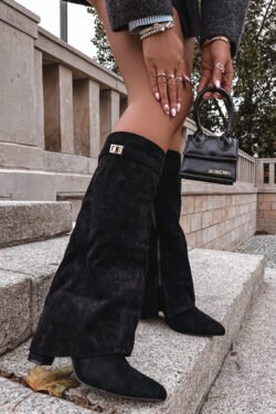 Eko zomšiniai batai su kvadratiniu kulnu, užtrauktuku, pašiltinti, atverčiamu aulku, smėlio spalvos, Evyra