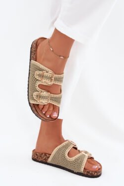 Nėrimos moteriškos basutės su auksinėmis sagtimis žalia Fenira