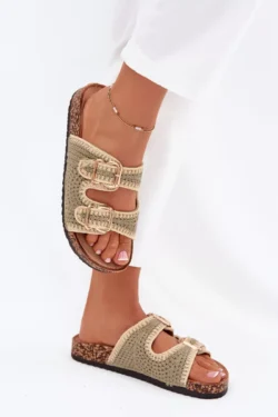 Nėrimos moteriškos basutės su auksinėmis sagtimis žalia Fenira