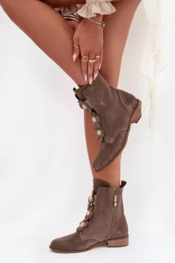 Moteriški zomšiniai aulinukai su dekoratyvinėmis gėlėmis Zazoo 3085 Tamsiai smėlio spalvos