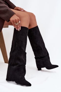 Siltintos moteriškos aulinukai su atverčiamu aulasu ant kulno, ekologiškas zomšas, juodi Elivira