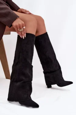 Siltintos moteriškos aulinukai su atverčiamu aulasu ant kulno, ekologiškas zomšas, juodi Elivira