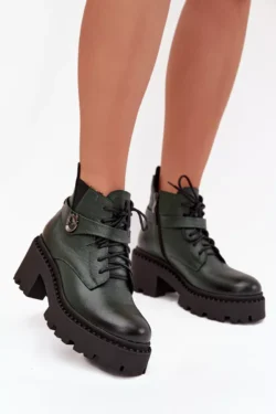 Odinės moteriškos aulinukai su platforma ir dekoratyvine juostele, pašiltintos Zazoo 60557 Tamsiai žalios