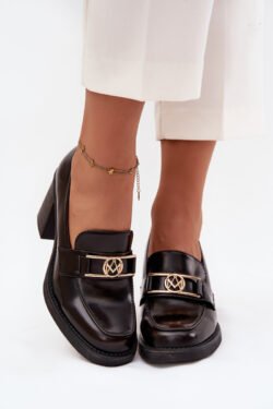 Moteriški žemi batai su kulnu ir auksine detale Šokoladas Privelle