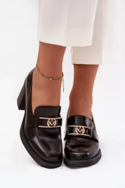 Moteriški žemi batai su kulnu ir auksine detale Šokoladas Privelle