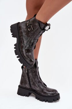 Odaus, lakuoti, moteriški batai su dekoracija, pašiltinti ArtikER 57C2081 Graphite