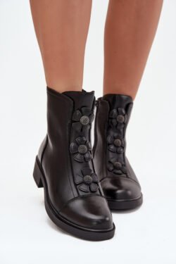 Odiniai moteriški aulinukai su dekoratyvinėmis gėlėmis, šilti juodi Belverine