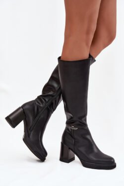 Moteriški "Musketeer" tipo batai su Vinceza 66826 kulniuku, pagaminti iš natūralios odos, su pašiltinimu, juodi