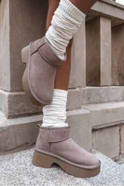 Moteriški "Milora" sniego batai iš natūralaus zomšo, su kailiu, khaki