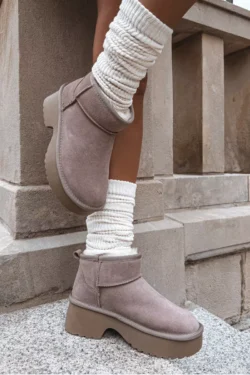 Moteriški "Milora" sniego batai iš natūralaus zomšo, su kailiu, khaki