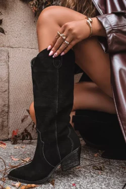 Odinė zomšinė kaubojiško stiliaus avalynė Moteriški apšiltinti juodi batai Urselle