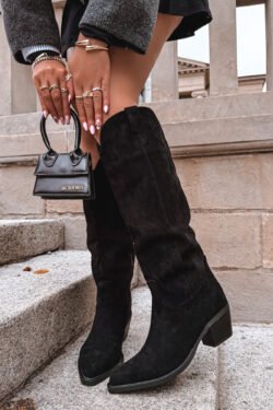 Moteriški Kaubojiški Batai Su Kulnu Iš Eco Suede Juodi Esmira