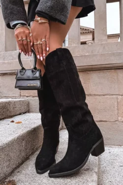 Moteriški Kaubojiški Batai Su Kulnu Iš Eco Suede Juodi Esmira