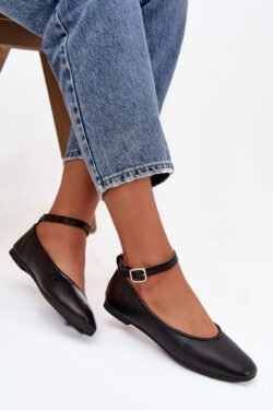 Moteriškos balerinos su dirželiu ir sagtimi, juodos, Janelor