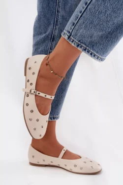 Moteriškos balerinos su dirželiu ir sagtimi, smėlio spalvos Janelor