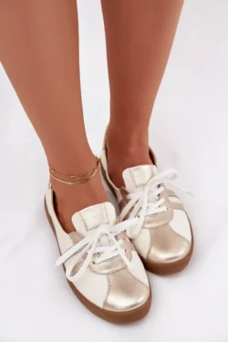 Odiniai „Zazoo N1341“ moteriški natūralūs bateliai, balti-auksiniai