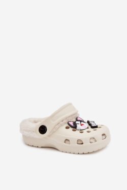 Vaikiškos putplasčio šlepetės su kailiu ir užsegimu, kreminės spalvos Cerelle