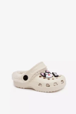 Vaikiškos putplasčio šlepetės su kailiu ir užsegimu, kreminės spalvos Cerelle