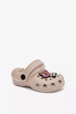 Vaikiškos šlepetės su pamušalu iš kailio ir sagtimis Khaki Cerelle