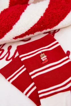 Moteriškos Kalėdinės kojinės su dryželiais ir lokiu, raudonos