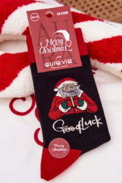 Vyriškos Kalėdinės kojinės su užrašu ir besišypsančiu Kalėdų seneliu, juodos