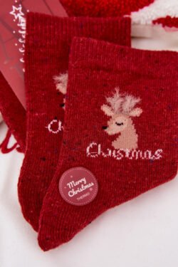 Moteriškos Kalėdinės kojinės su elniu ir alpakos vilna (raudonos)