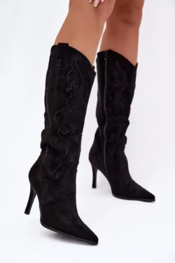 Moteriški aukštakulniai kaubojų batai, pagaminti iš ekologiškos odos, juodos spalvos Belonia