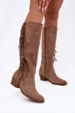 Moteriški kaubojiški batai su kulniukais, kutukais ir pamušalu, chaki spalvos Firlina