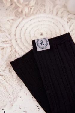 Medvilninės moteriškos juodos kojinės su dryžuotu raštu