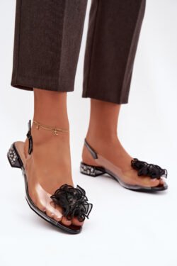 Skaidrūs Sandalai su Žemais Kulniuku, Kristalais ir Dekoracija D&A MR52-230 Juodi